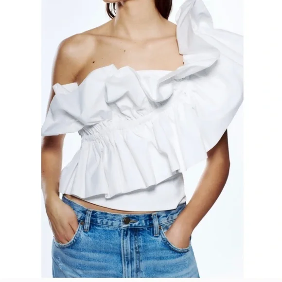 NWT Zara Blogger Fav Asymmetrical One Shoulder Poplin Ruffle Top White - Picture 6 of 16